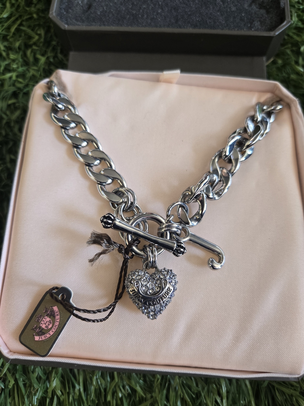 Juicy Couture Silver Pave Heart Toggle Necklace